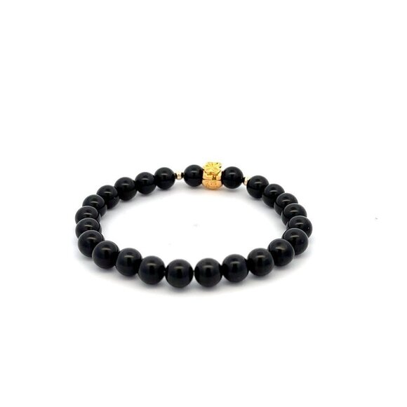 18K Gold Money Bag Lucky Charm Beads Bracelet Gemstones Natural Black Tourmaline - Picture 4 of 5